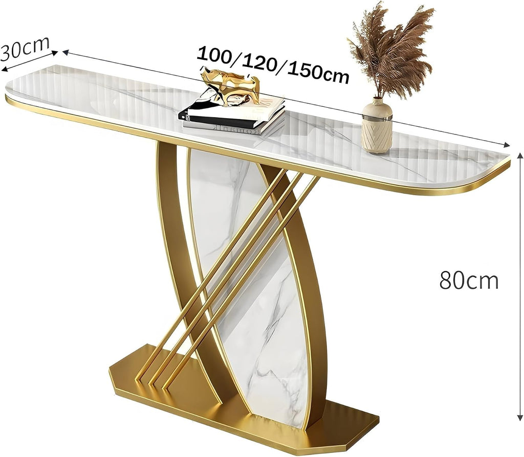 Zfmnoyev Entryway Table Console Hallway Table | Living Room Sofa Table with Rock Top and Metal Base, Modern Narrow Accent Table(Gold-A,100x30x80cm)