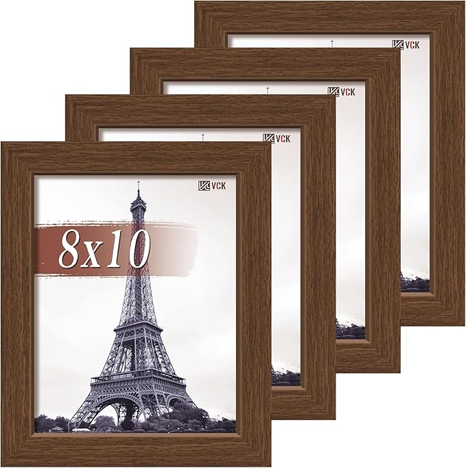 VCK 8x10 Picture Frame Set of 4 - Brown, Gallery-Quality Wood Poster Frames, 1.1-Inch Wide Border, Polished Plexiglass, Vertical or Horizontal Wall & Tabletop Display for Photo/Art/Prints, Brown