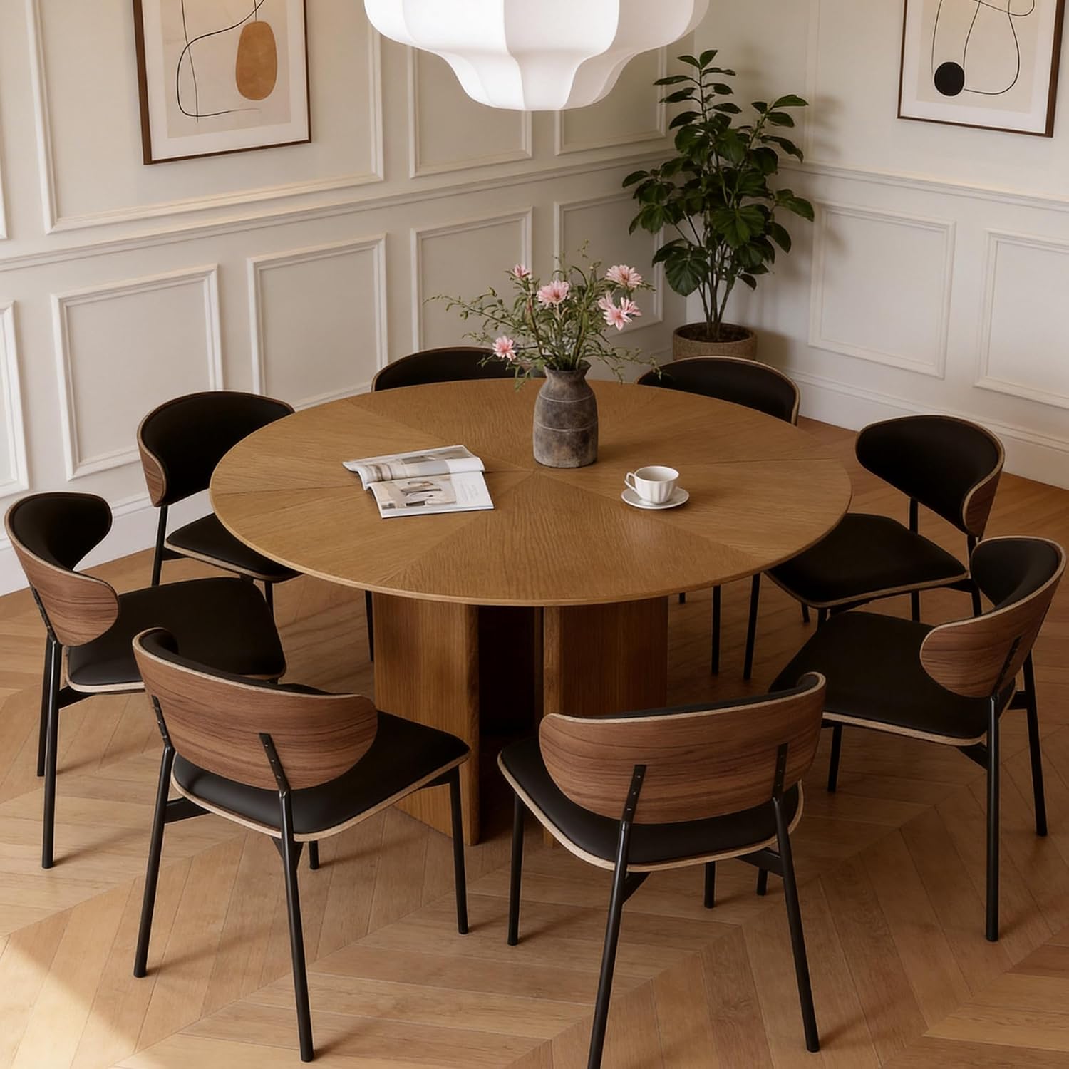 59" Round Wood Dining Table – Mid-Century Modern Kitchen Table with Pedestal Base for 4–8 People, Perfect for Living Room, Dining Room & Kitchen, Walnut Finish
