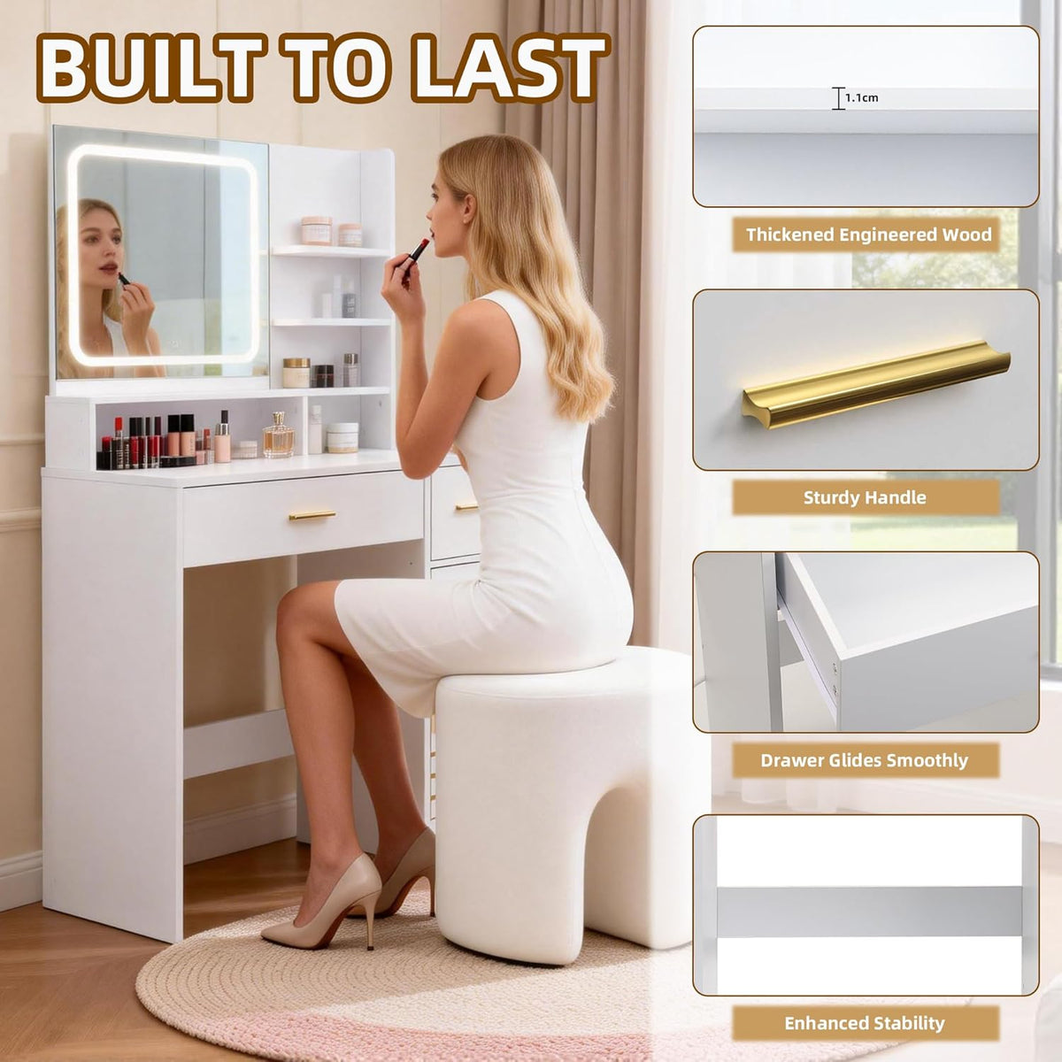 35.4" W Vanity Desk with Power Outlet Mirror and LED Lights Heavy Duty Makeup Vanitys Table with 2 Drawers & 3 Open Shelves & 1 Cabinet Storage for Bedroom Dressing, White