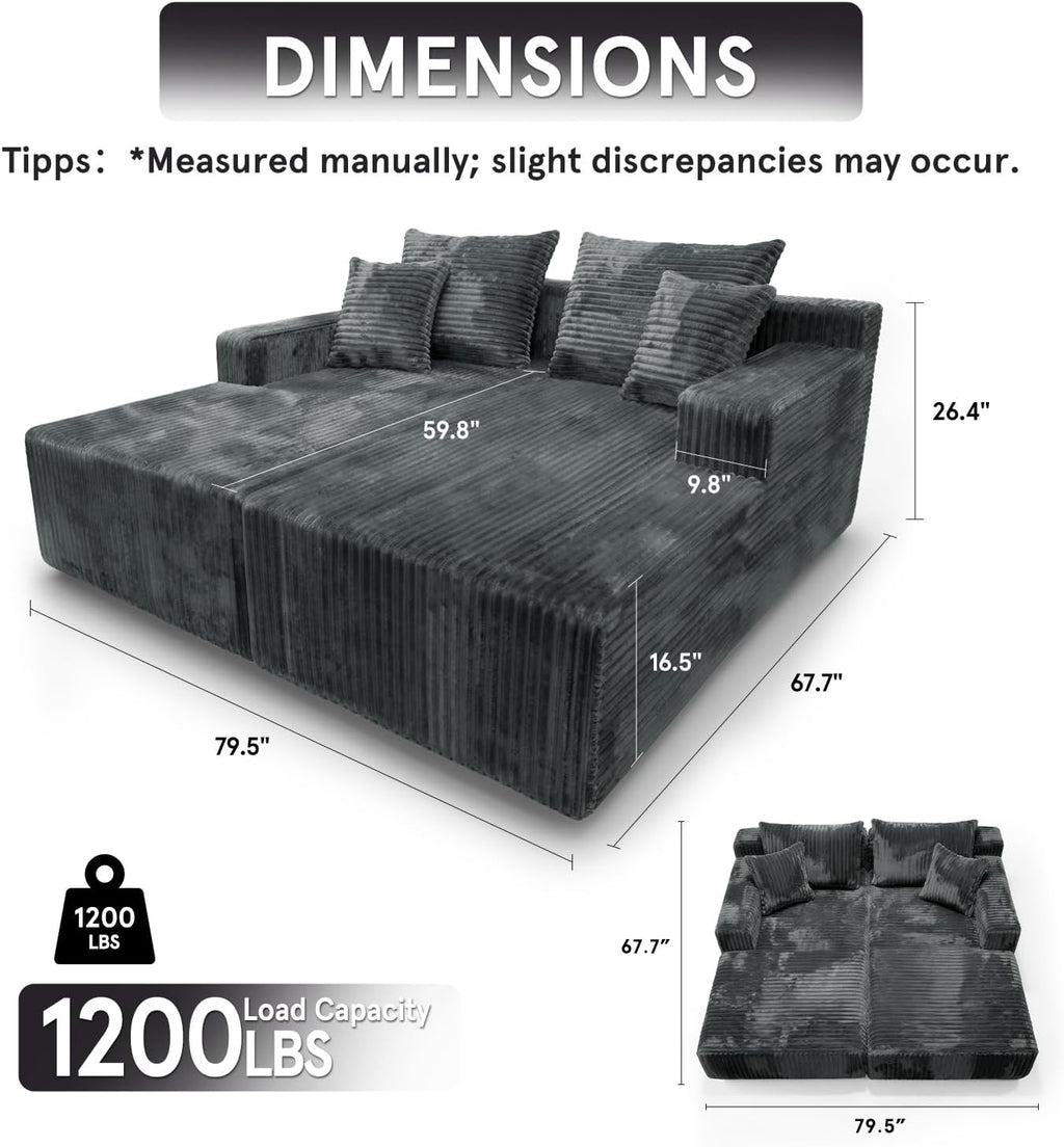 Sytopia Loveseat Chaise Lounge with Armrests, Oversized Sofa Bed with 4 Pillows, Cozy Sleeper, Modular Sectional Couch for Living Room Bedroom, Floor Chair Furniture sala Corduroy