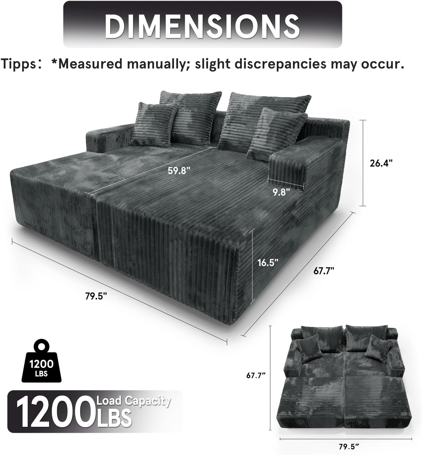 Sytopia Loveseat Chaise Lounge with Armrests, Oversized Sofa Bed with 4 Pillows, Cozy Sleeper, Modular Sectional Couch for Living Room Bedroom, Floor Chair Furniture sala Corduroy
