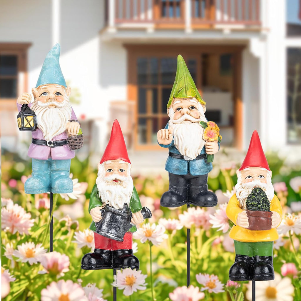 Gnomes Garden Stakes 1.4 Inch Plant Decorations for Pots Indoor Outdoor 4 Pack Miniature Gnomes Decorations for Yard Mini Gnome