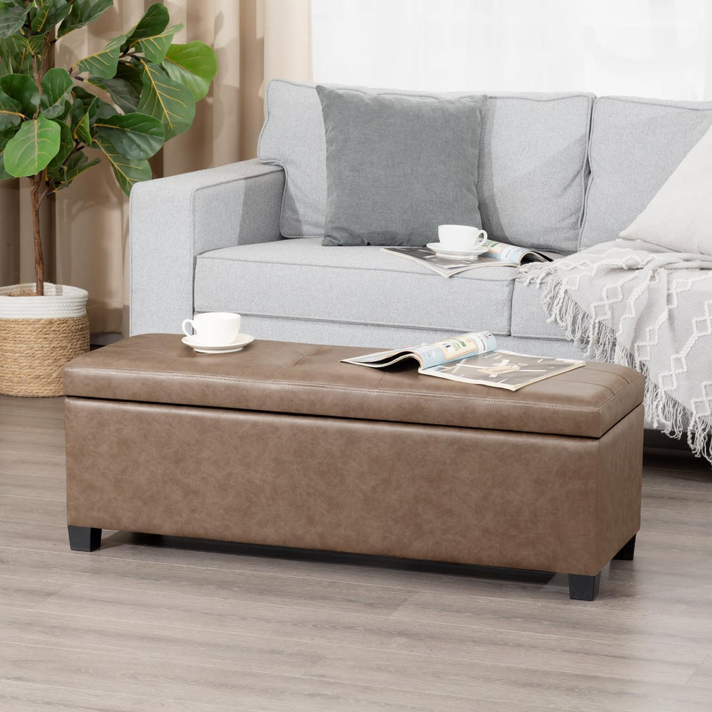Asense Storage Ottoman Bench,42 inch Wide Upholstered Faux Leather Rectangular Ottoman with Legs,Safety Hinge Storage Bench for Living Room,Bedroom,Entryway