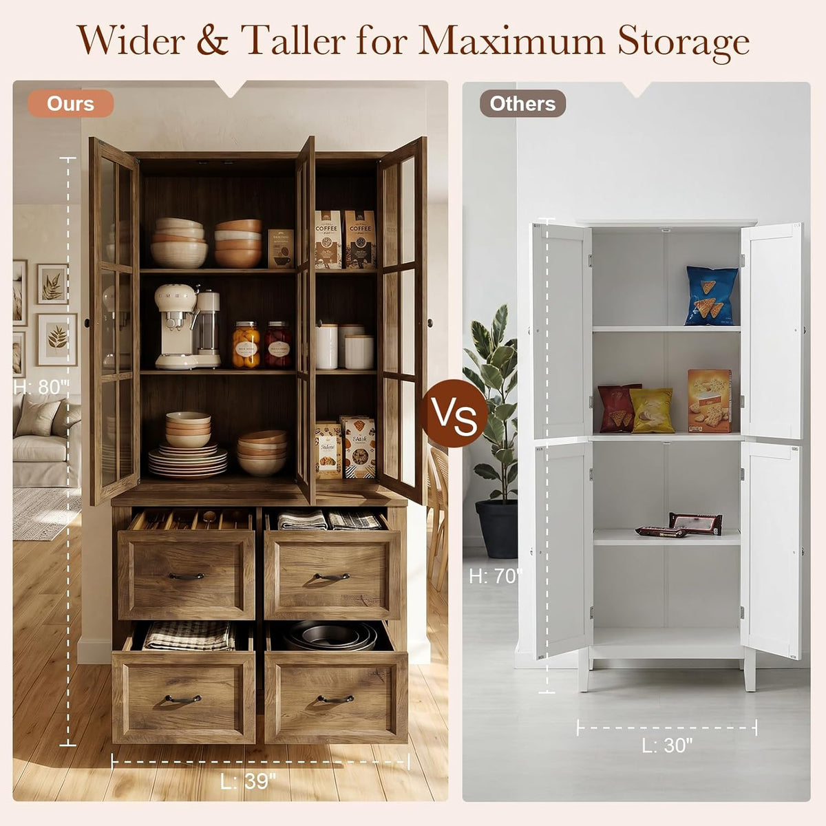 80" Modular Kitchen Pantry Cabinet, 2-in-1 Freestanding Tall Pantry Cabinet with Glass Doors & Adjustable Shelves, Large Hutch Storage Cabinet for Kitchen & Living Room (1, Cracked Oak, AD)