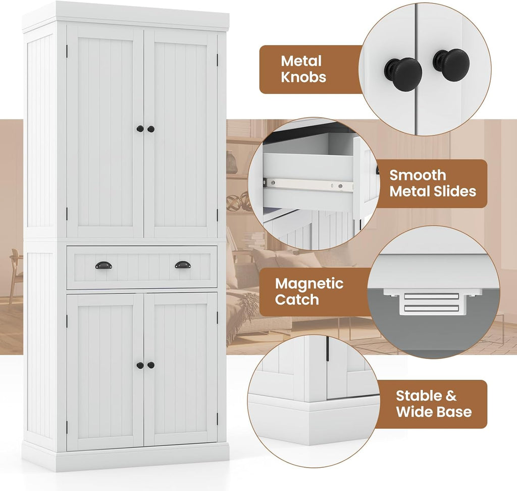Giantex Pantry Organizers and Storage, 72" Tall Kitchen Cabinet with 2-Door Cabinets & Drawer, Buffet Sideboard w/Adjustable Shelves, Wooden Freestanding Cupboard for Dining Room Living Room (White)