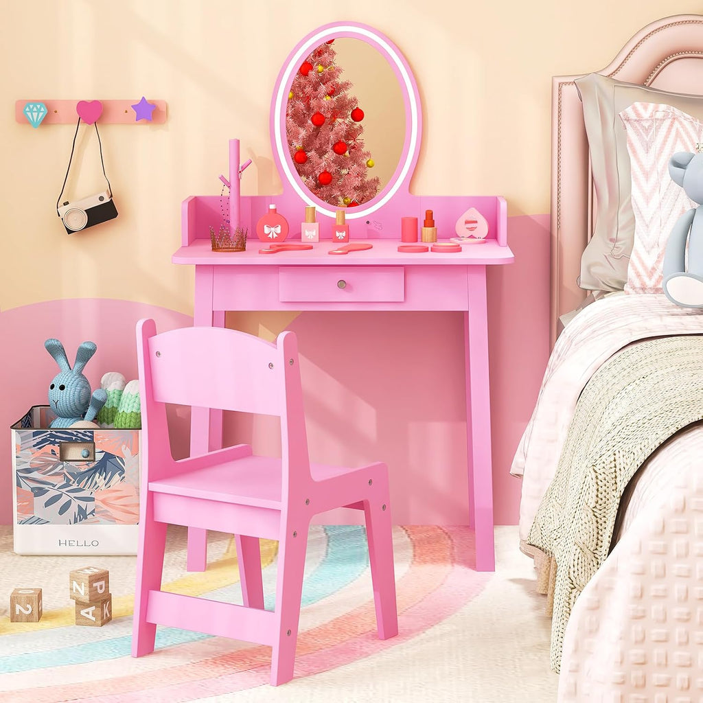 Costzon Kids Vanity, Girls Vanity Set with Mirror and Stool and Lights, Drawer, Jewelry Rack, 2 in 1 Wooden Princess Makeup Desk Dressing Table, Kids Vanity Table and Chair Set (Pink)