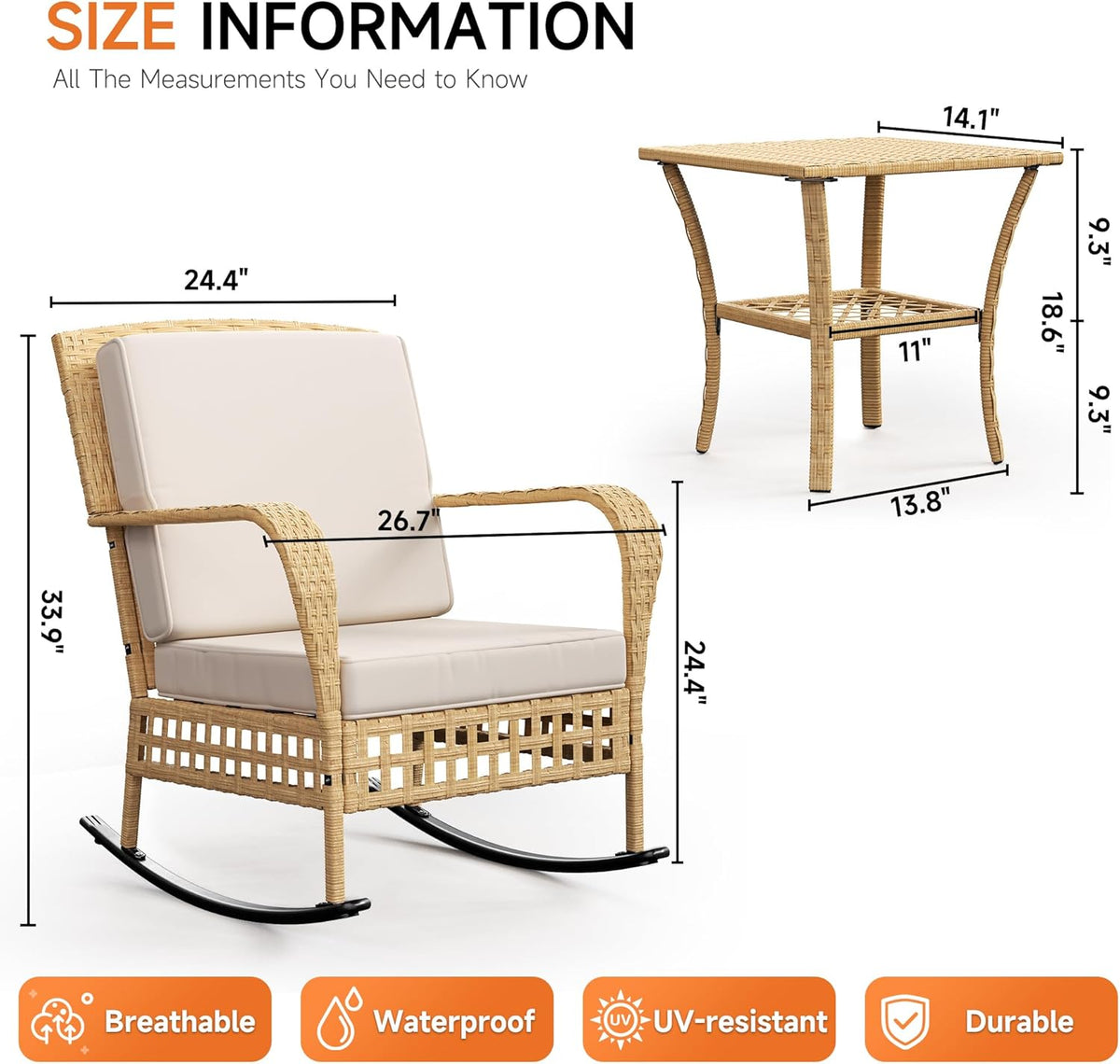 DECMICO Outdoor Rocking Chair Set, 3-Piece Wicker Patio Furniture | Elegant Wicker Style | Comfortable Cushions | Stable Frame Construction | Balcony & Garden Ready