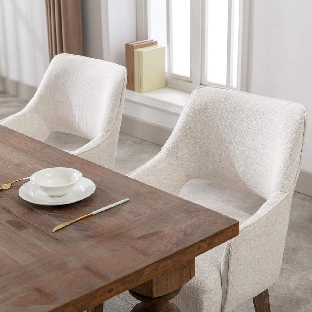 Dining Chairs Set of 2 Linen Upholstered Accent Kitchen Chair with Hollow Back/Padded Seat/Wood Legs for Dining Room Restaurant Home Decor, Beige