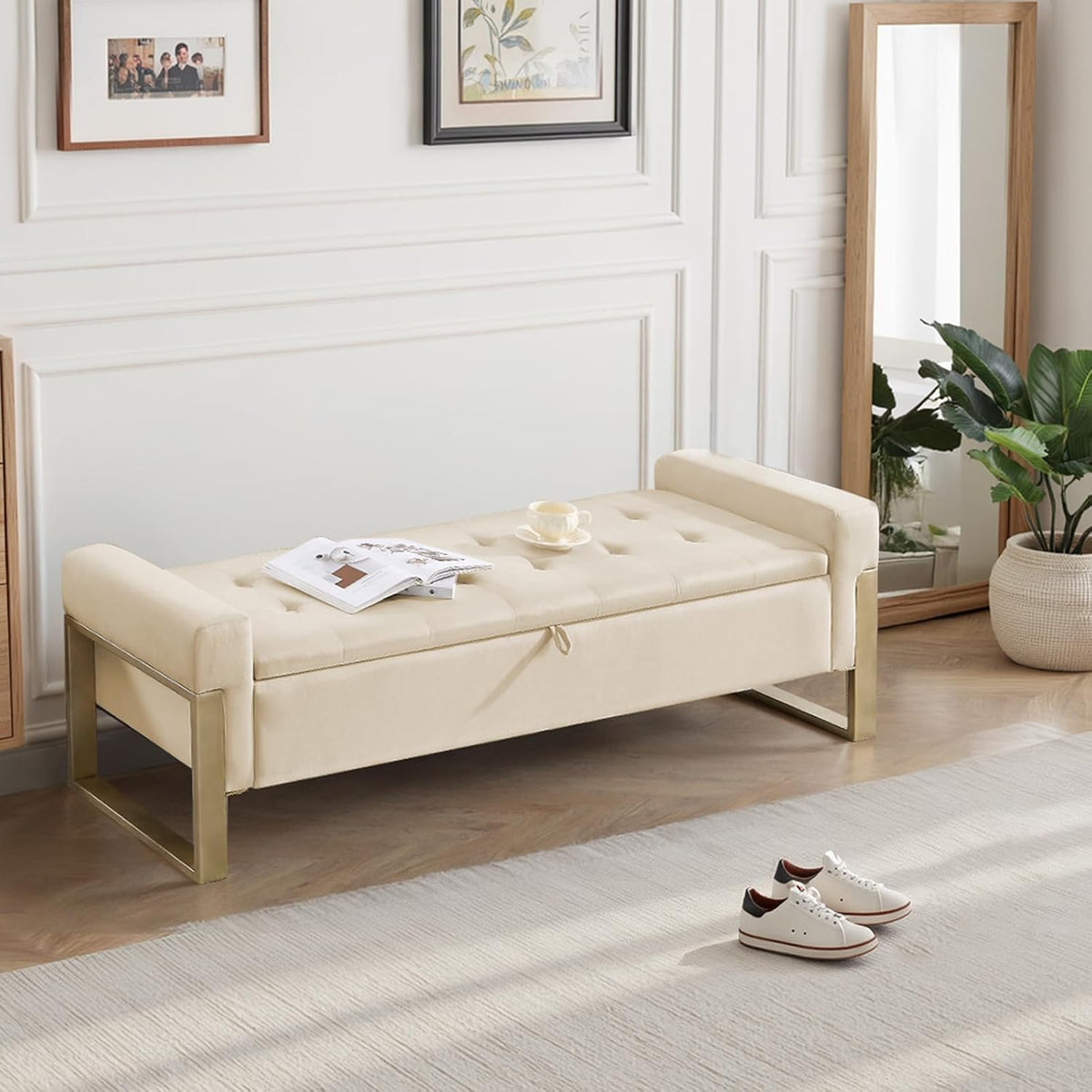 End of Bed Storage Bench, 67'' Bench for Bedroom Foot of Bed King Size, Modern Velvet Storage Ottoman Benches with Gold Legs for Windows Living Room, Beige