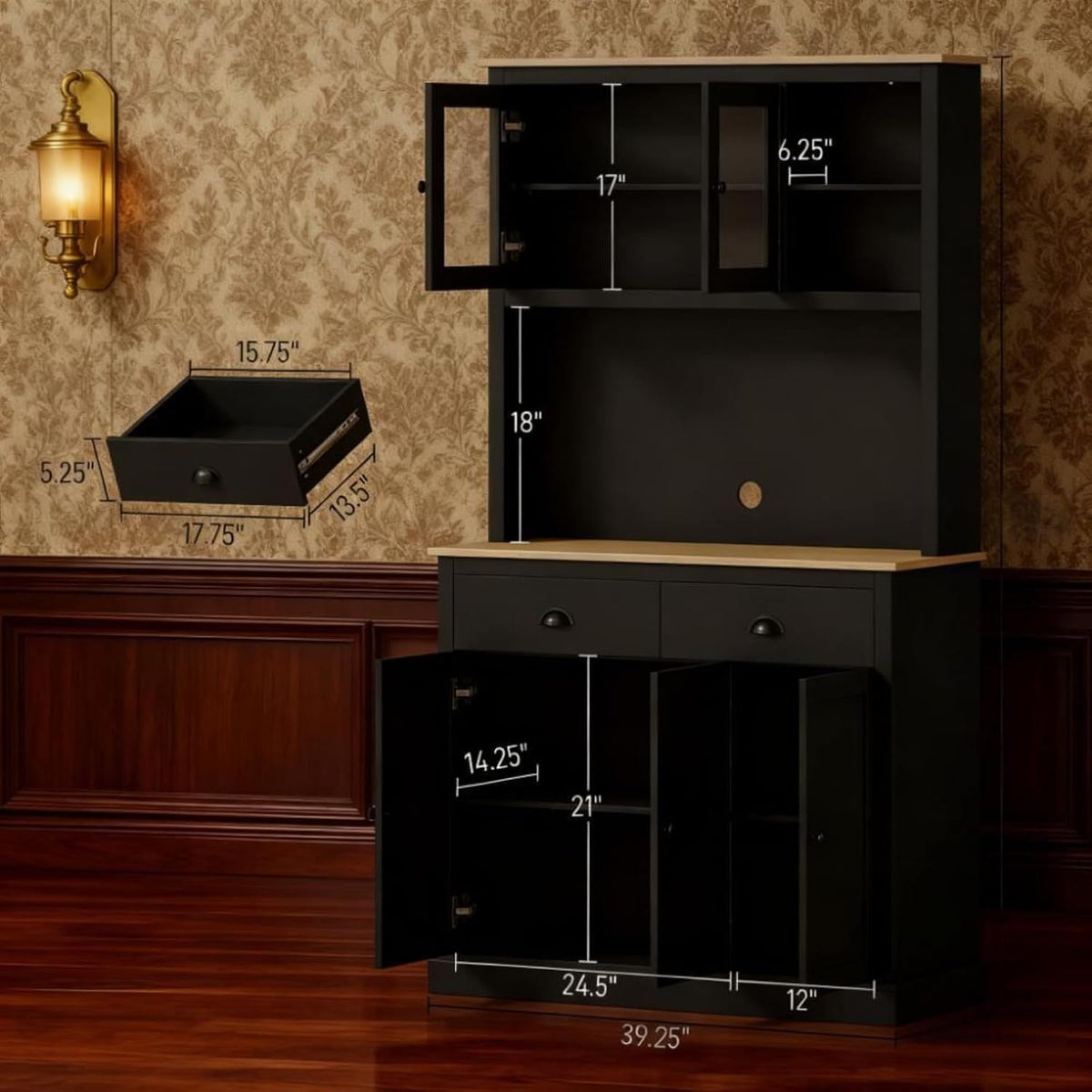 Kitchen Pantry Cabinet Tall Food Pantries w/Drawers&Adjustable Shelves for Kitchen,Multi-functional Kitchenware Server Utility Storage Organizer w/Microwave Stand&Open Countertop (Black + 71 inches)