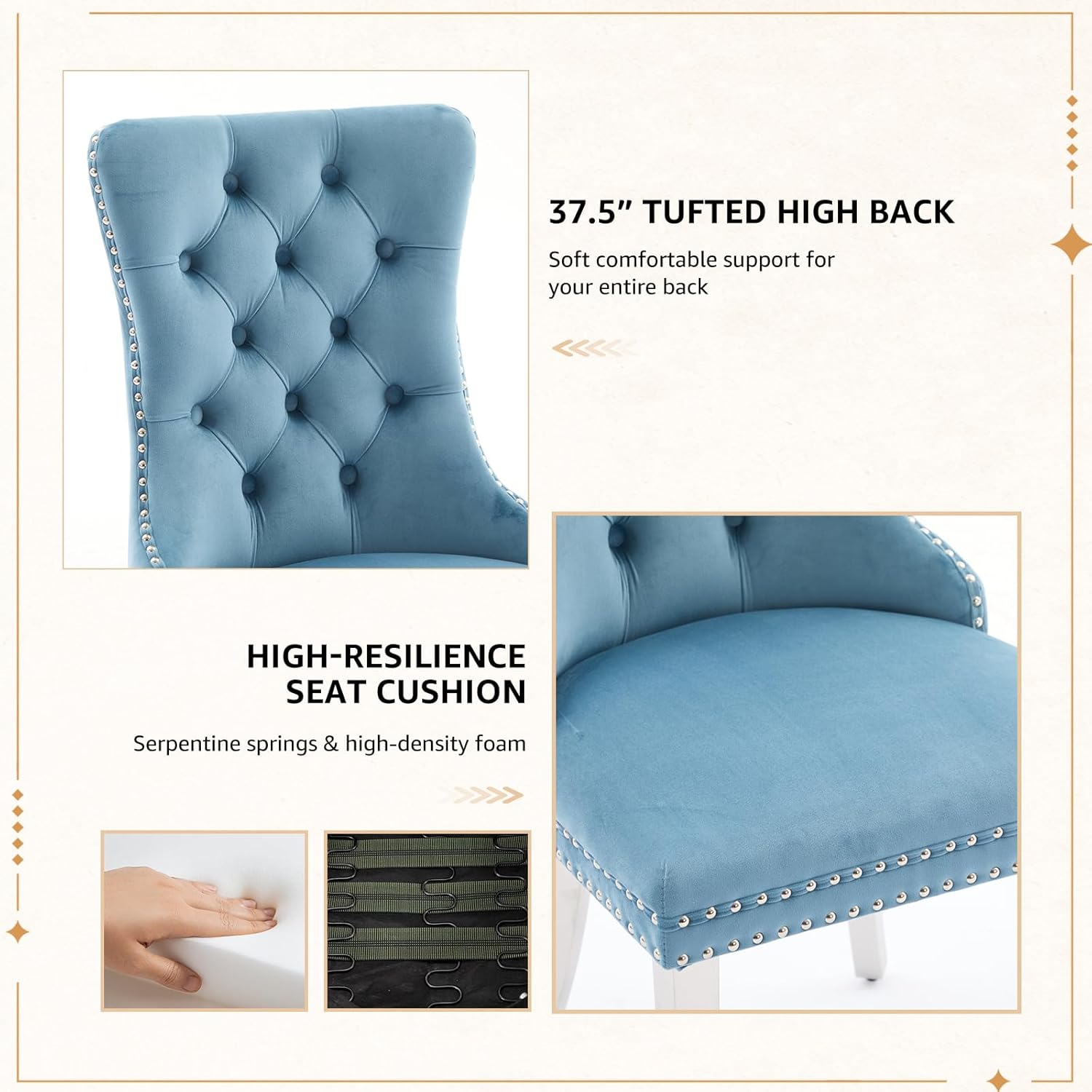 Velvet Dining Chairs Set of 4, Tufted Upholstered High Wingback Chairs with Nailhead Trim & Pull Ring, Silver Stainless Steel Legs for Dining Room, Sillas de Comedor, Light Blue
