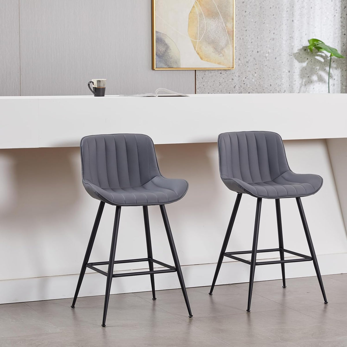 Sidanli Counter Height Barstools Set of 2, Counter Height Chairs with Backrest, Faux Leather, Metal Legs, 24 Inch Height Bar stools for Kitchen, Dining Room, Gray