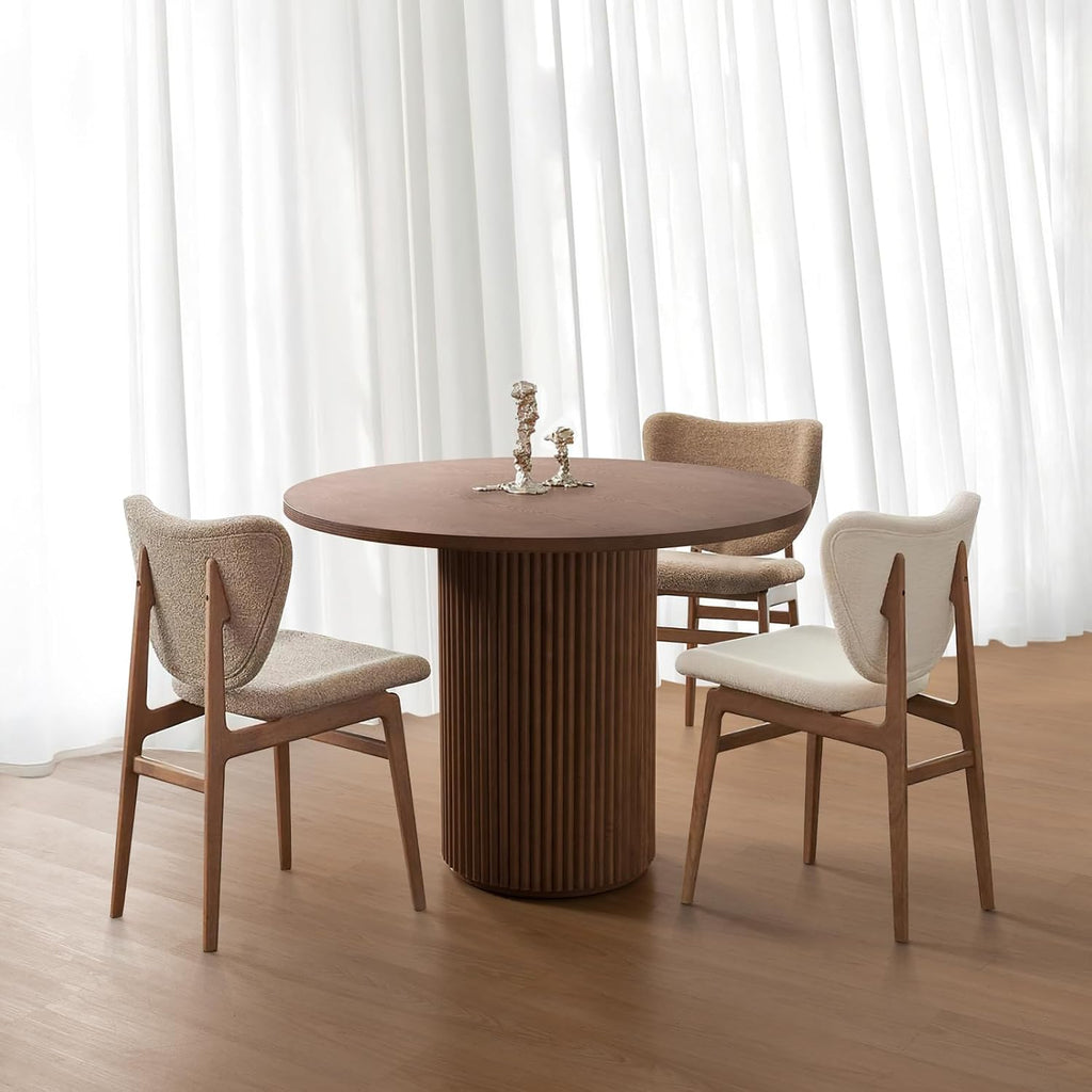 Modern Round Pedestal Dining Table with Solid Wood Base, 35'' Fluted Walnut Table for Kitchen or Small Dining Space