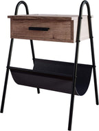 Nathan James 32502 Hugo Wood Nightstand, Rustic Accent End or Side Table with Drawer, Durable Black Metal Frame & Leather Hammock, Gray/Black
