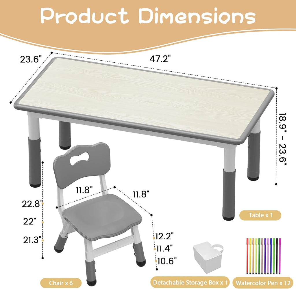 Kids Table and Chairs Set Height Adjustable Table and 6 Chairs for Toddlers | 120*60 cm Graffiti Table | Non-slip Caps | Ergonomic Chair | Rounded Corners | Suitable for Daycare, Classrooms, Home