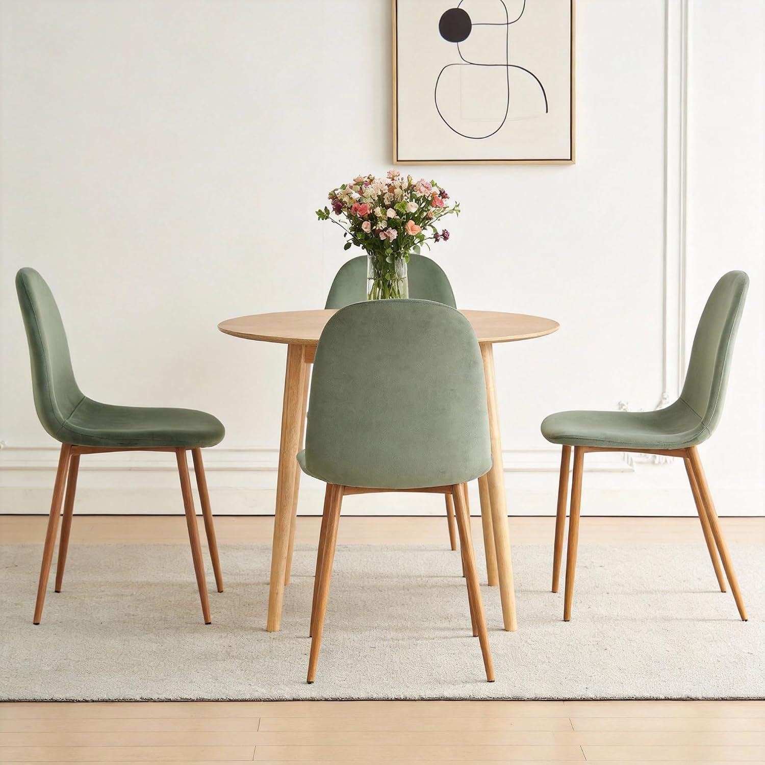 Small Dining Table Set for 4, Modern Round Dining Table with 4 Velvet Dining Chairs in Metal Legs, Easy Assembly for Compact Spaces - Green