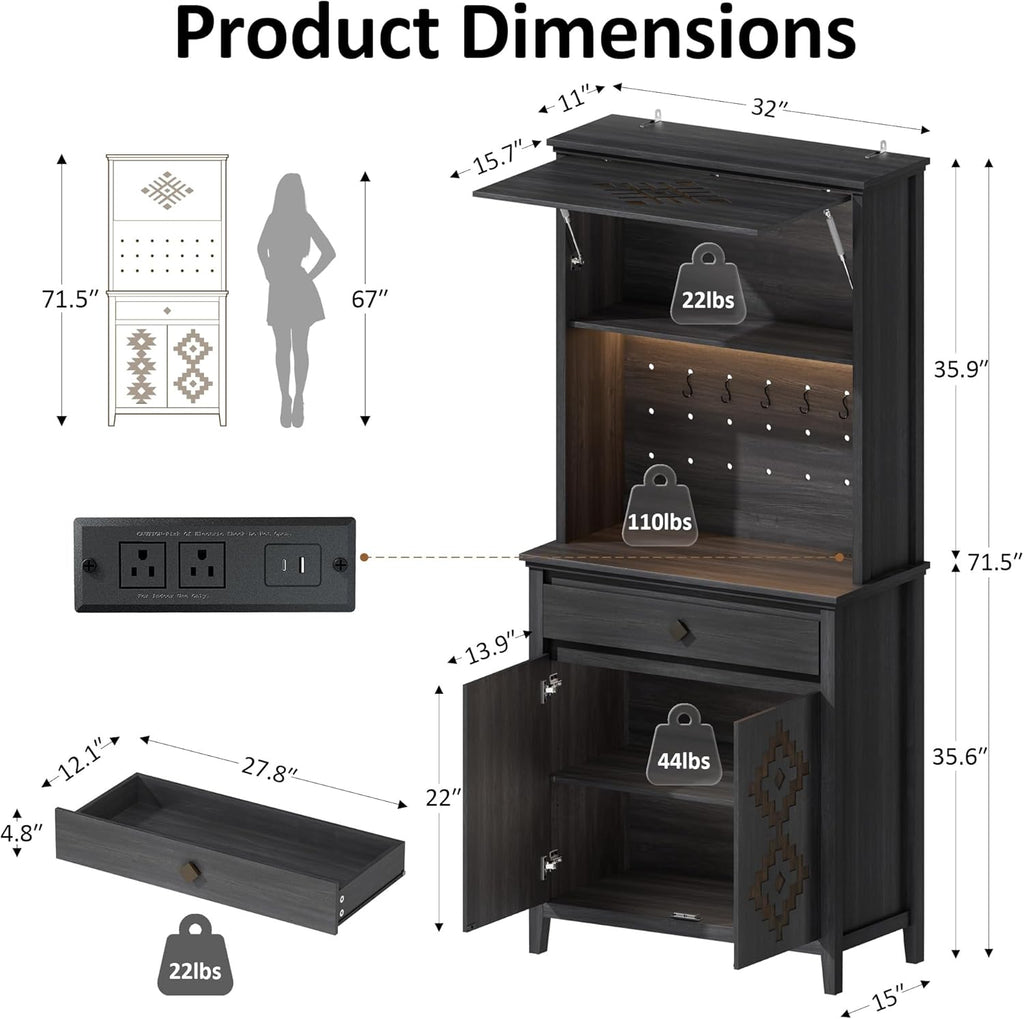 72" Tall Kitchen Pantry with Hydraulic Flip Up Door, Storage Cabinet with LED Lights & Charging Station, Drawer and Adjustable Shelves, Cupboard for Kitchen, Dining Room, and Hallway, Black