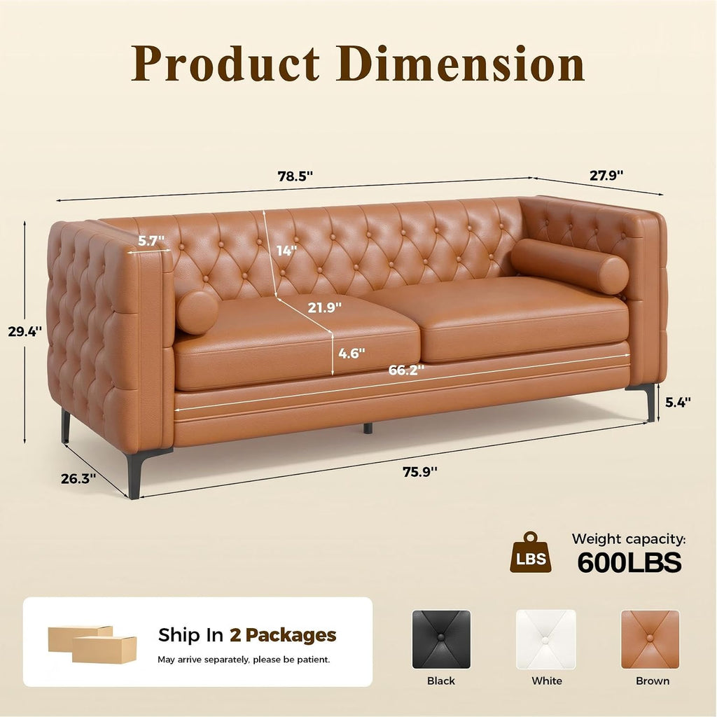 Luxanimarion Faux Leather Couch for Living Room, Mid-Century Modern Sofa with Button Tufting, Metal Legs and 2 Bolster Pillows, Comfortable Deep Seat for Apartment, Office, Caramel 1 PCS