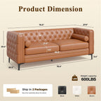 Luxanimarion Faux Leather Couch for Living Room, Mid-Century Modern Sofa with Button Tufting, Metal Legs and 2 Bolster Pillows, Comfortable Deep Seat for Apartment, Office, Caramel 1 PCS