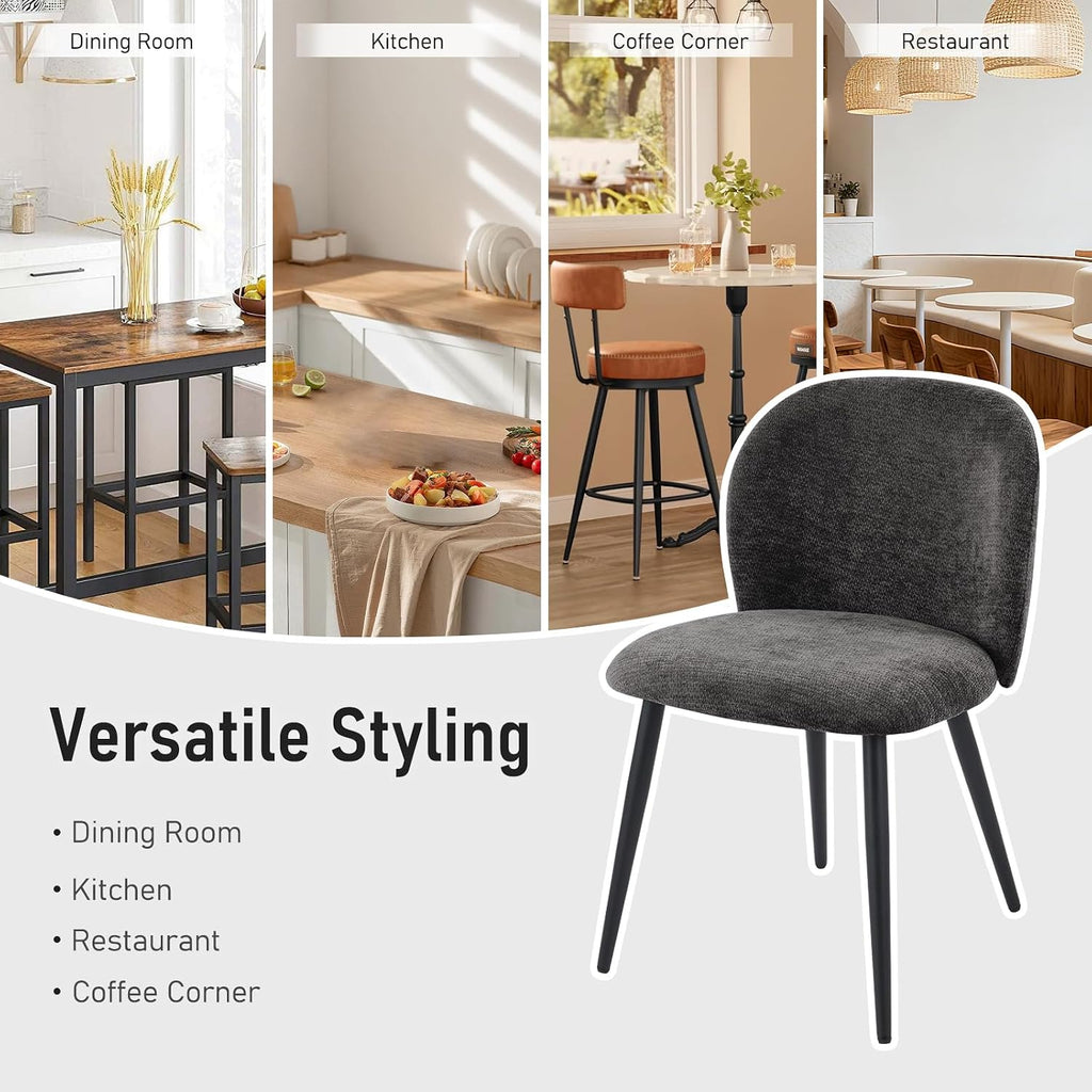 Dining Chairs Set of 2, Upholstered Chenille Dining Room Chairs with Black Metal Legs, Modern Armless Kitchen Chairs with Curved Backrest for Dining Room Kitchen Living Room, Black