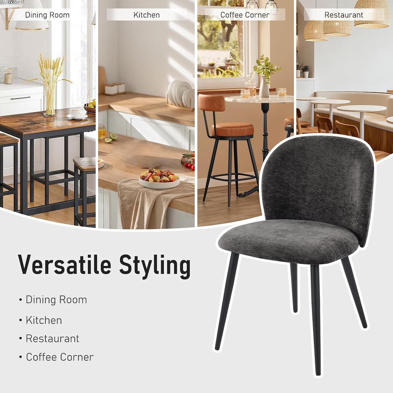 Dining Chairs Set of 2, Upholstered Chenille Dining Room Chairs with Black Metal Legs, Modern Armless Kitchen Chairs with Curved Backrest for Dining Room Kitchen Living Room, Black
