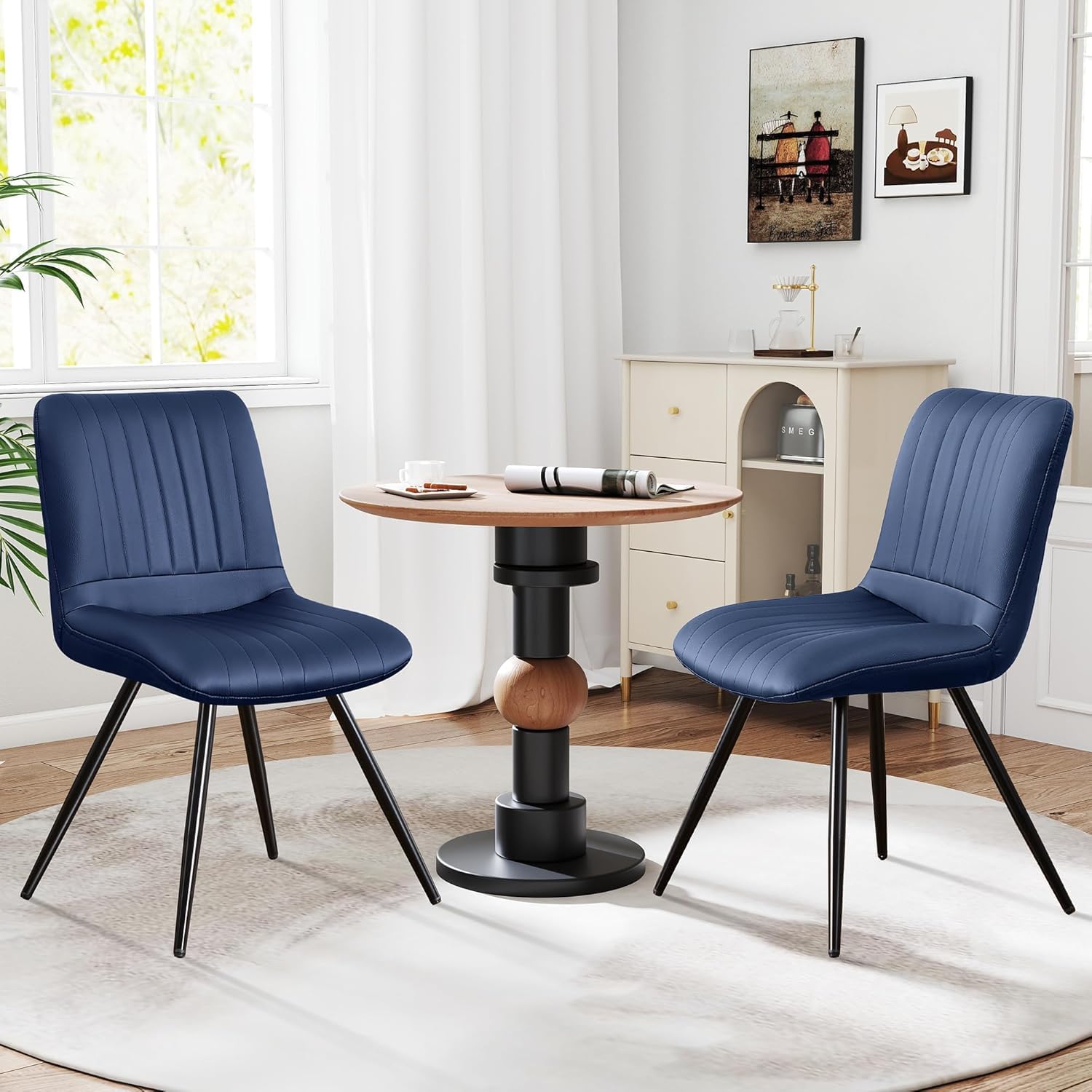 Dining Chairs Set of 2, Modern Dining Chairs with Thick Cushions, Faux Leather Upholstered Kitchen Dining Room Chairs with Metal Legs for Dining Living Room (Navy Blue)
