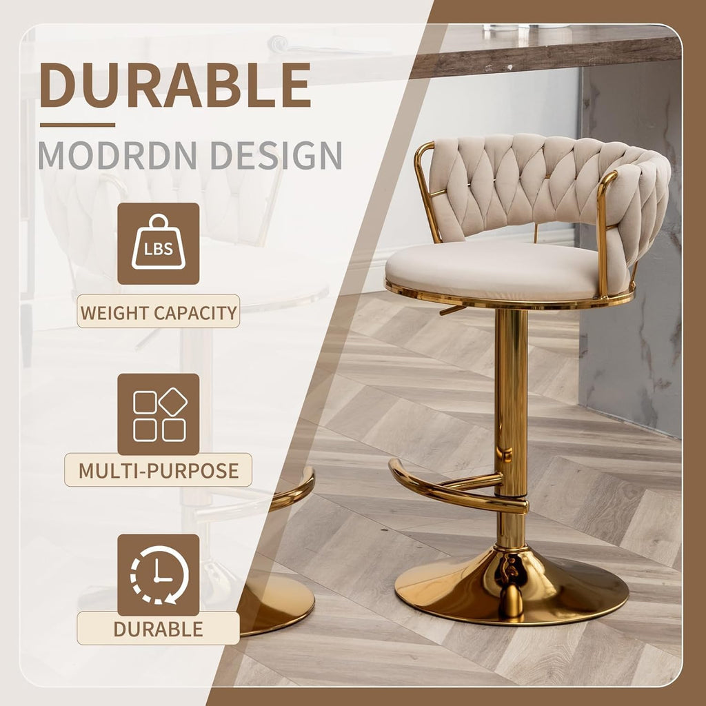 Gold Bar Stools Set of 3, Counter Stools for Kitchen Island (Beige) | Adjustable Height Barstools with Woven Backs, Luxury Velvet Upholstery, Swivel Bar Chairs for Home Bar, Cafe