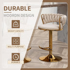 Gold Bar Stools Set of 3, Counter Stools for Kitchen Island (Beige) | Adjustable Height Barstools with Woven Backs, Luxury Velvet Upholstery, Swivel Bar Chairs for Home Bar, Cafe