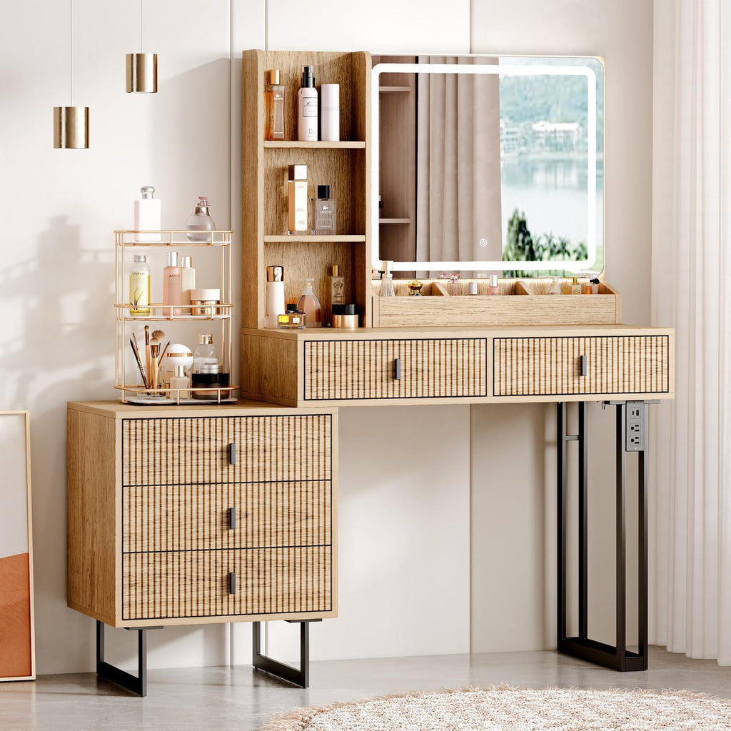 Large Vanity Desk with 3 Color Touch Screen Dimming Mirror, Vanity Desk with Charging Station, Modern Retractable Makeup Dressing Table, Makeup Table With storage shelves and 5 Sliding Drawers, Wood