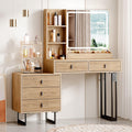Large Vanity Desk with 3 Color Touch Screen Dimming Mirror, Vanity Desk with Charging Station, Modern Retractable Makeup Dressing Table, Makeup Table With storage shelves and 5 Sliding Drawers, Wood