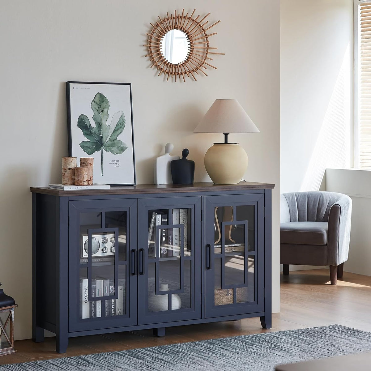 Joaxswe Large Sideboard Buffet Cabinet with Storage, 55" Farmhouse Credenza with 3 Glass Doors, Adjustable Shelves Console Table, Wood Kitchen Coffee Bar for Dining Room, Living Room, Navy Blue