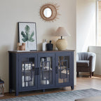 Joaxswe Large Sideboard Buffet Cabinet with Storage, 55" Farmhouse Kitchen Coffee Wine Bar Cabinet with 3 Glass Doors, Wood Mid Century Modern Side Board Table for Dining Room, Living Room,Navy Blue