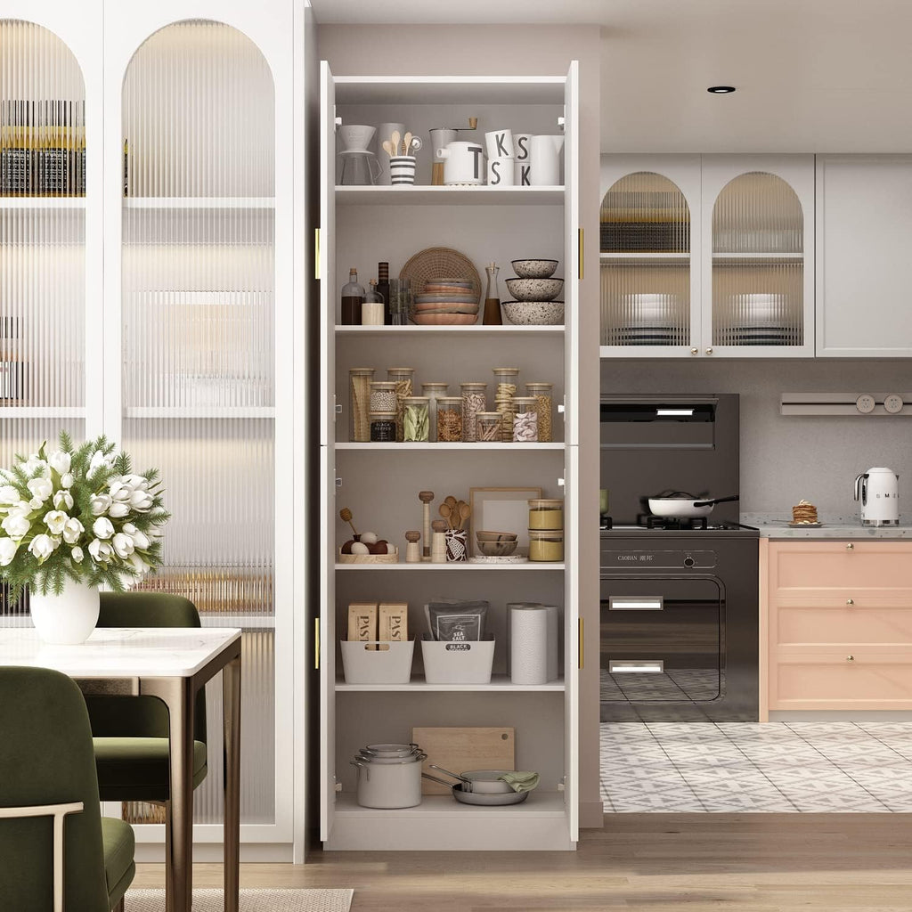AIEGLE Kitchen Pantry Storage Cabinet with Adjustable Shelves, Kitchen Pantry with 4 Doors, Freestanding Cupboard Storage Organizer Cabinet for Kitchen Living Room, White 70.9" Tall