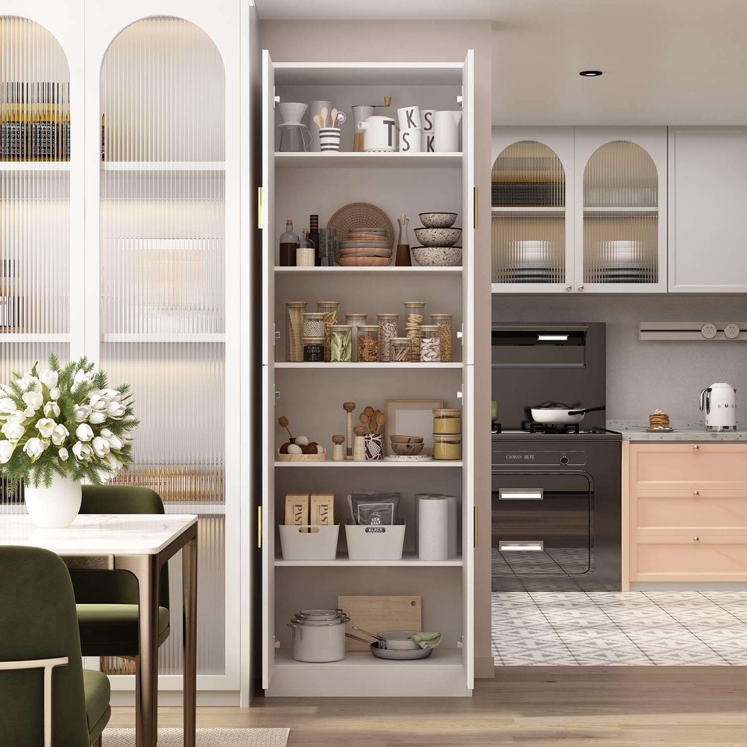AIEGLE Kitchen Pantry Storage Cabinet with Adjustable Shelves, Kitchen Pantry with 4 Doors, Freestanding Cupboard Storage Organizer Cabinet for Kitchen Living Room, White 70.9" Tall