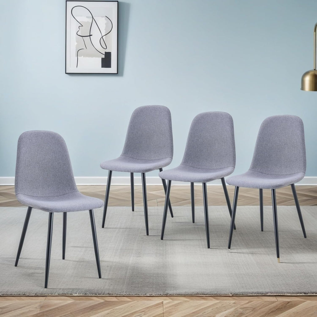 Modern Linen Dining Chairs Set of 4, Luxury Upholstered Kitchen Chairs with High Resilience Foam & Integral Black Metal Legs, Mid-Century Side Chairs for Dining Room, Vanity, Light Grey
