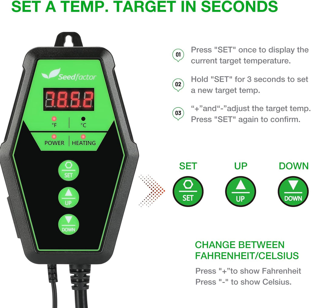 Seedfactor Digital Heat Mat Thermostat Controller for Seed Germination, Reptiles and Brewing Breeding Incubation Greenhouse, 40-108°F, 8.3A 1000W FCC-Certified, UL-Listed