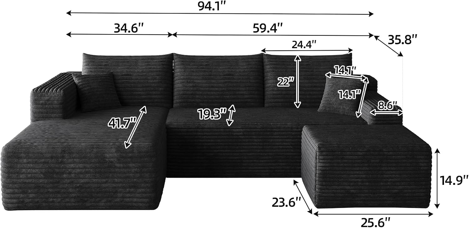 JINGLING 25.6 Inch Plush Corduroy Ottoman, Modular Sectional Foot Rest for Living Room, Upholstered Cloud Ottoman for Couch in a Box, Compressed Memory Foam, No Assembly Require, Black
