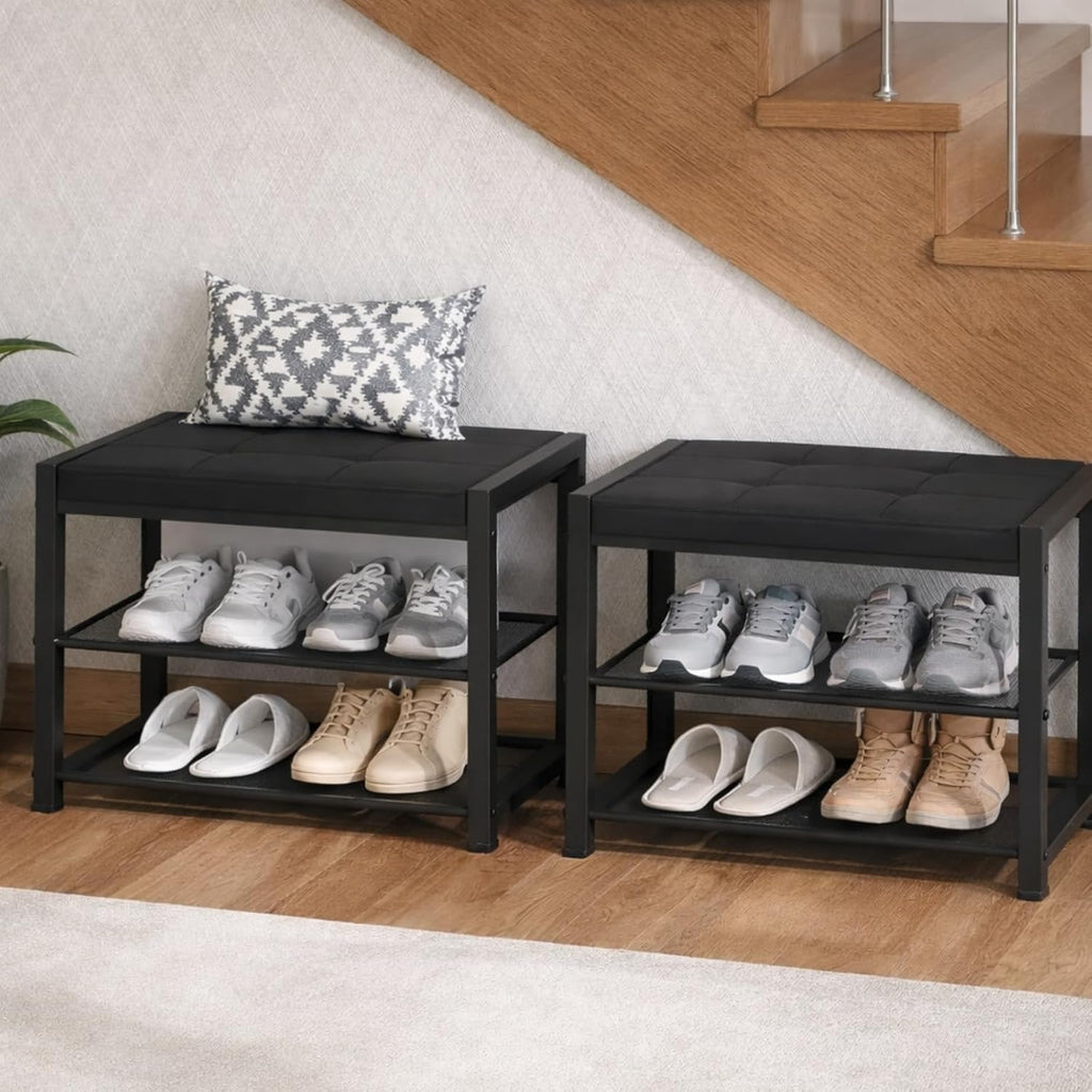 HOOBRO Small Shoe Bench, 3-Tier Shoe Rack, Shoe Storage Bench with PU Seat Cushion, Entryway Shoe Rack Bench with Metal Mesh Shelves, Freestanding Shoe Organizer for Hallway, Black BB33HX01