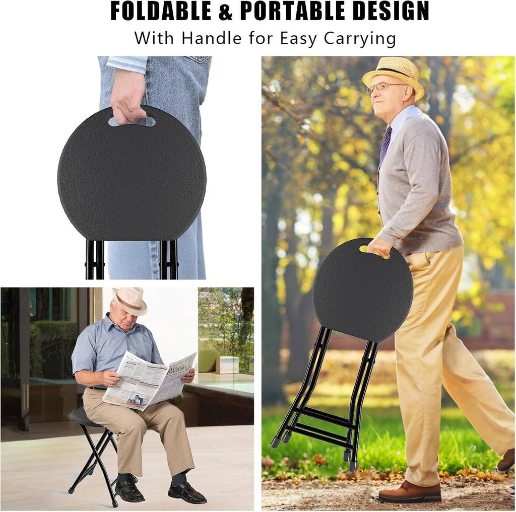 Folding Stool, 18 Inch Foldable Stool with Handle & Steel Frame, Pack of 2 Folding Bar Stools, 440lbs Sturdy Foldable Lightweight Metal Chair for Camping, Indoor and Outdoor, Black