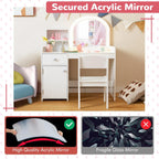GLACER Kids Vanity, 2-in-1 Wooden Makeup Desk with LED Lighted Mirror, Drawer & Cabinet, Storage Shelves, Princess Dressing Table, Kids Vanity Table and Chair Set for Little Girls Ages 3+ (White)