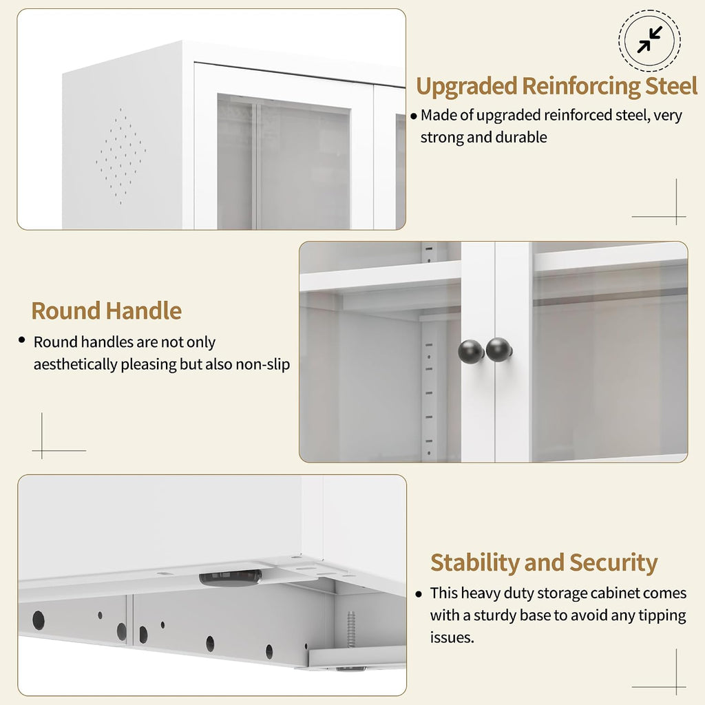 Kitchen Pantry Cabinet, 72" H Storage Cabinet with Glass Doors and Adjustable Shelves, Spacious Cupboard with Round Handles, Metal Kitchen Cabinet for Dining Room, Living Room, White