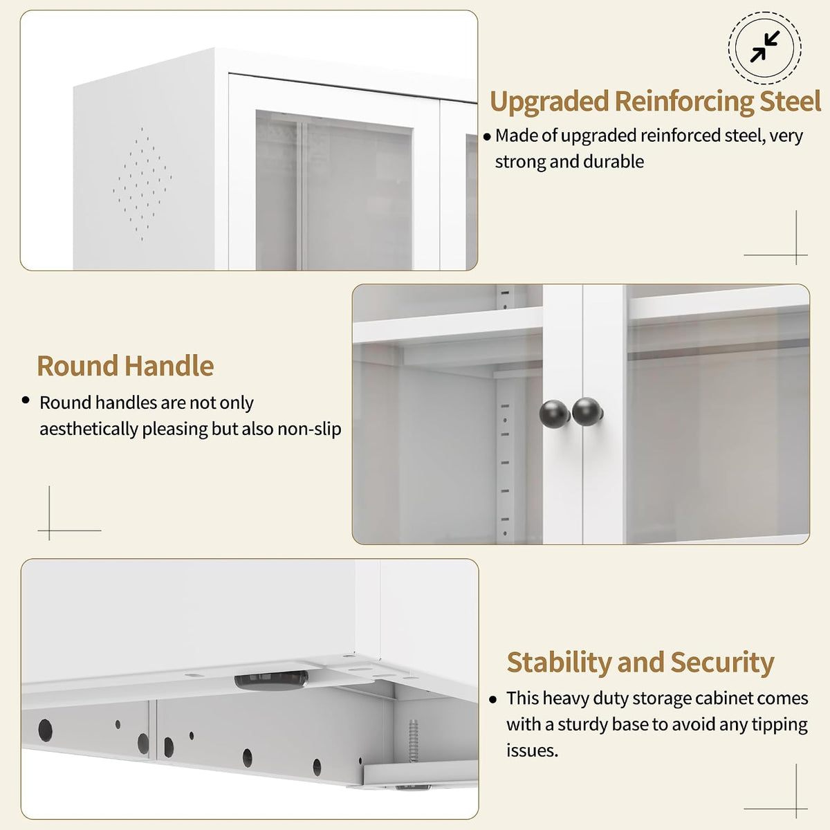 Kitchen Pantry Cabinet, 72" H Storage Cabinet with Glass Doors and Adjustable Shelves, Spacious Cupboard with Round Handles, Metal Kitchen Cabinet for Dining Room, Living Room, White