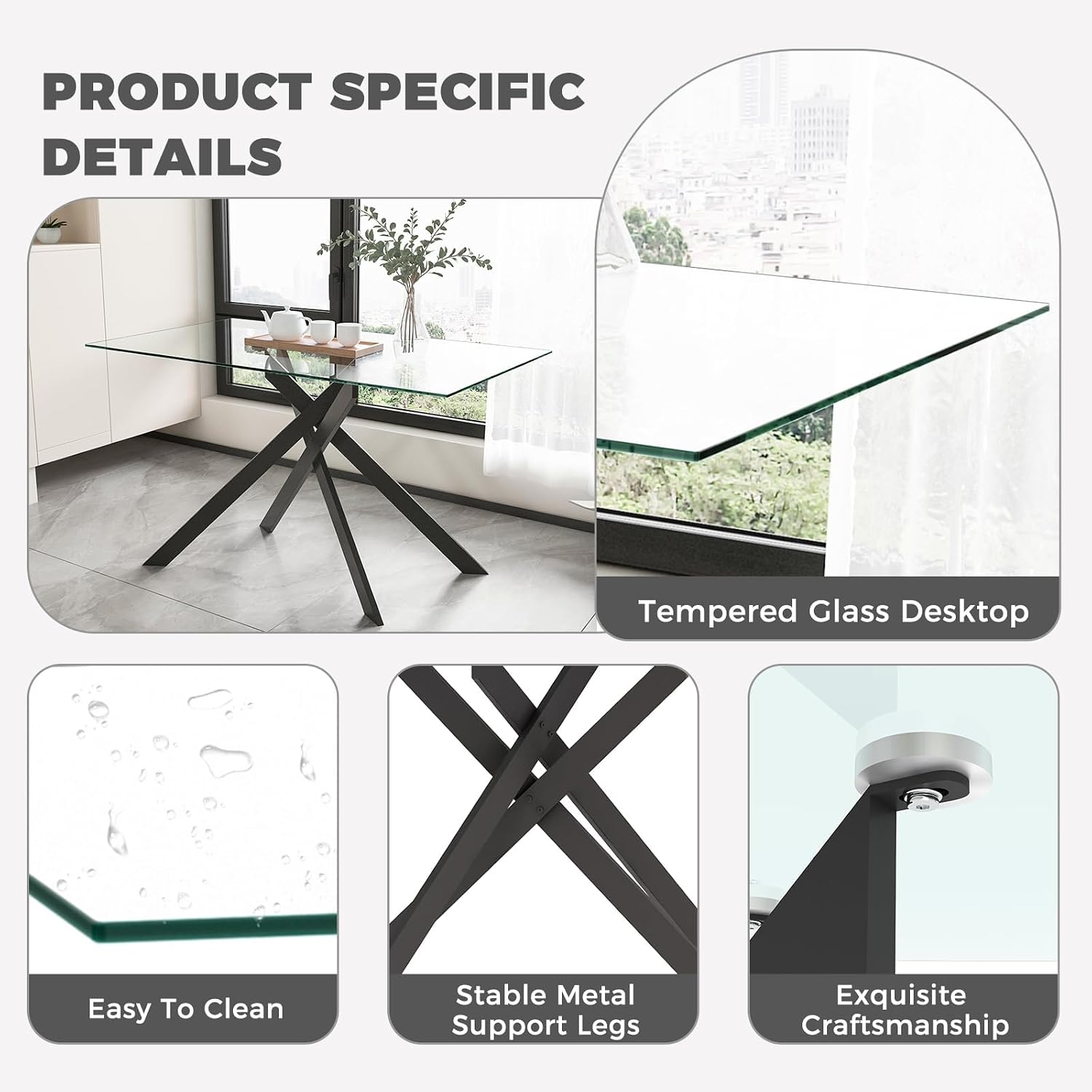 51.18" W Glass Dining Table Set for 4, Modern Rectangular Glass Kitchen Table with Black Metal Legs, 4 PU Leather Chairs with Black Legs, for Dining Room, Home -Dark Grey
