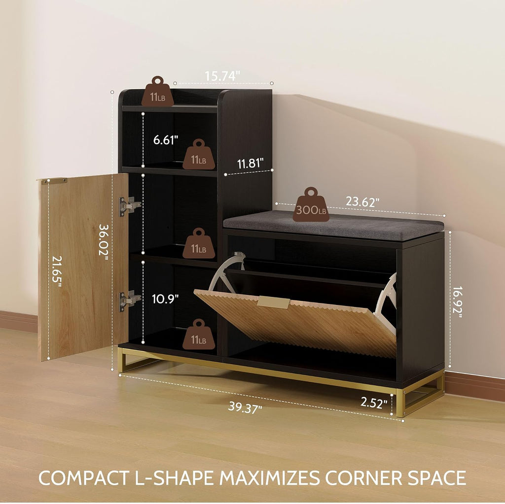 L-Shaped Shoe Storage Bench with Cushioned Seat & 2 Flip Drawer, 39'' Entryway Bench with Wave Door & Adjustable Shelves, Farmhouse Bench Cabinet for Entryway, Hallway (Natural & Black)