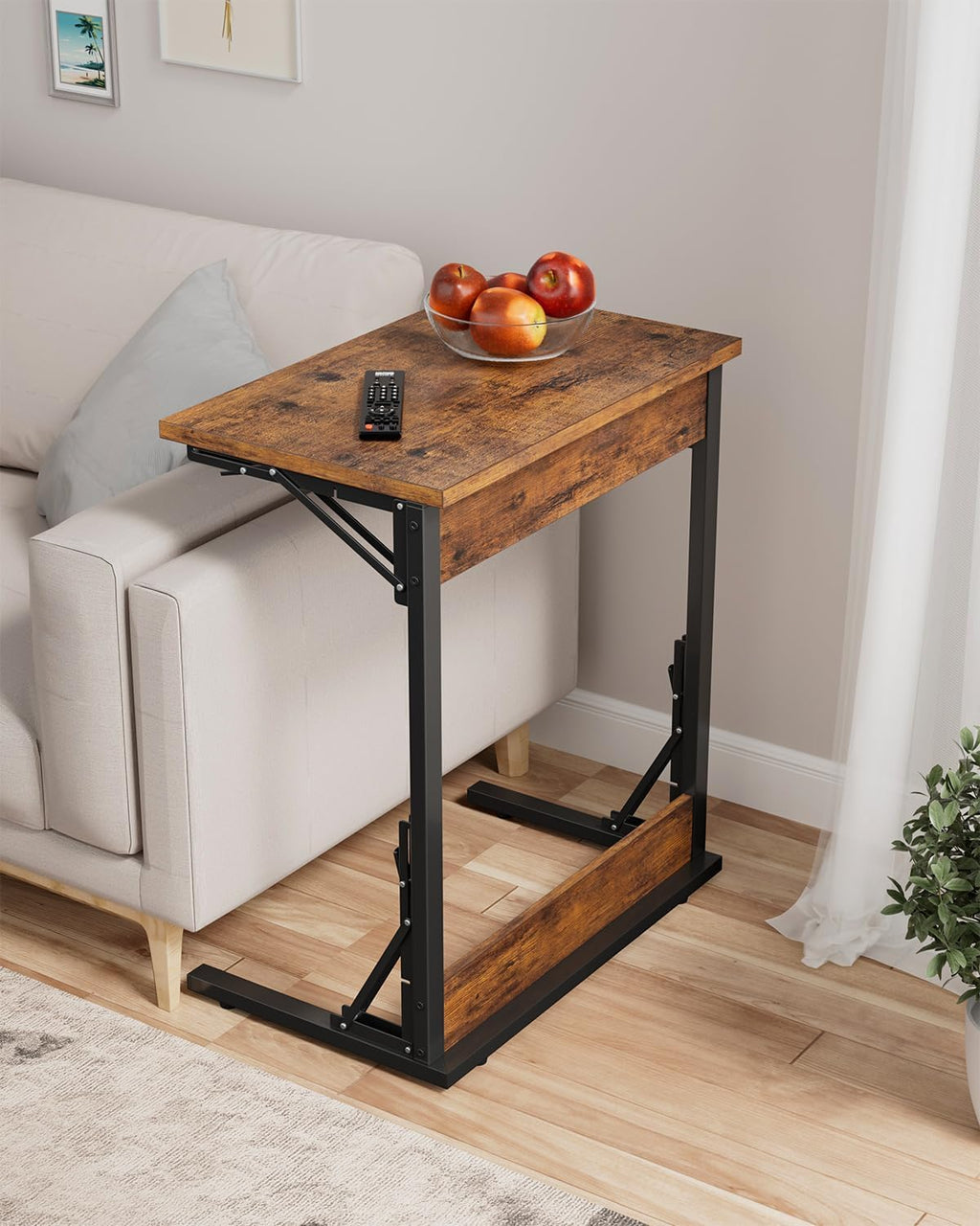 Tatub Folding TV Tray 1PCS, 24" Wide C-Shaped Couch Table, Rustic Brown | Small Couch Side C Table, Slide Under Sofa Tray End Table for Living Room, Bedroom