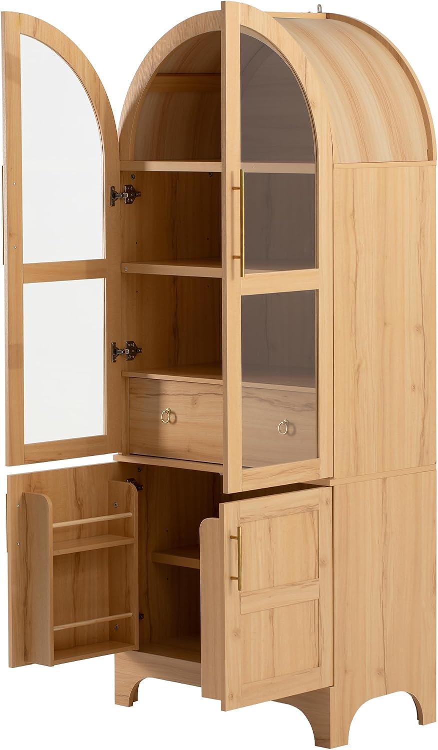 71" Tall Arched Kitchen Pantry Cabinet with Door Shelves, Farmhouse Storage Cabinet with Open & Adjustable Shelves, Hidden Drawer & Glass Door, Cupboard for Kitchen, Dining Room (Natural)