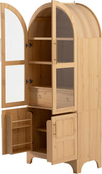71" Tall Arched Kitchen Pantry Cabinet with Door Shelves, Farmhouse Storage Cabinet with Open & Adjustable Shelves, Hidden Drawer & Glass Door, Cupboard for Kitchen, Dining Room (Natural)