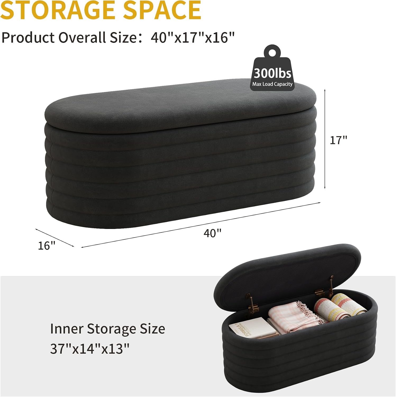 40 inch Upholstered Storage Ottoman Bench,Ready to go,Black