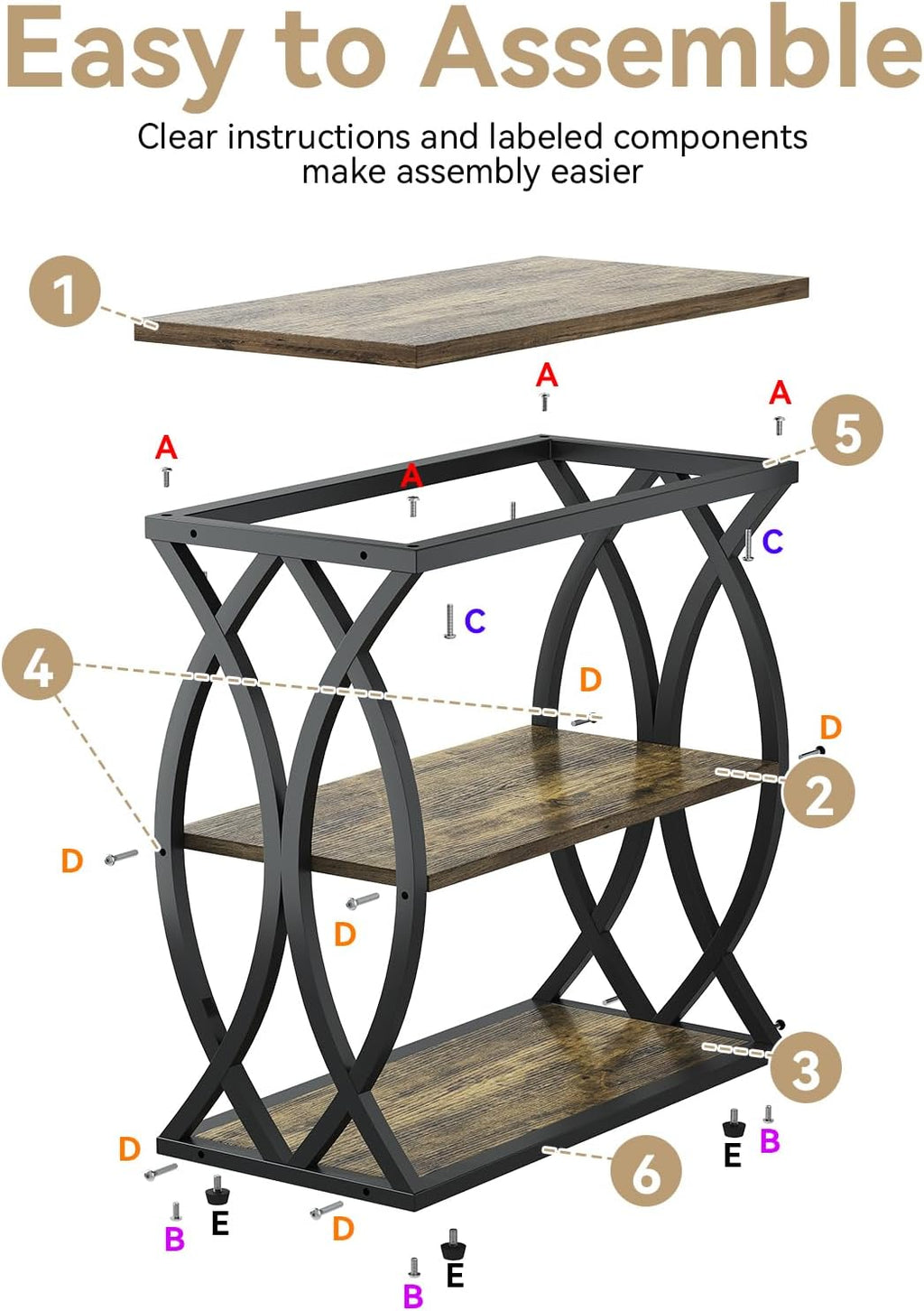End Table, Narrow Side Table, 3-Tier End Table with Metal Frame, Living Room Side Table with Storage for Couch, Sofa, Bedroom, Small Spaces, Easy Assembly, 23.6"D*11.8"W*23.6"H, Rustic Brown